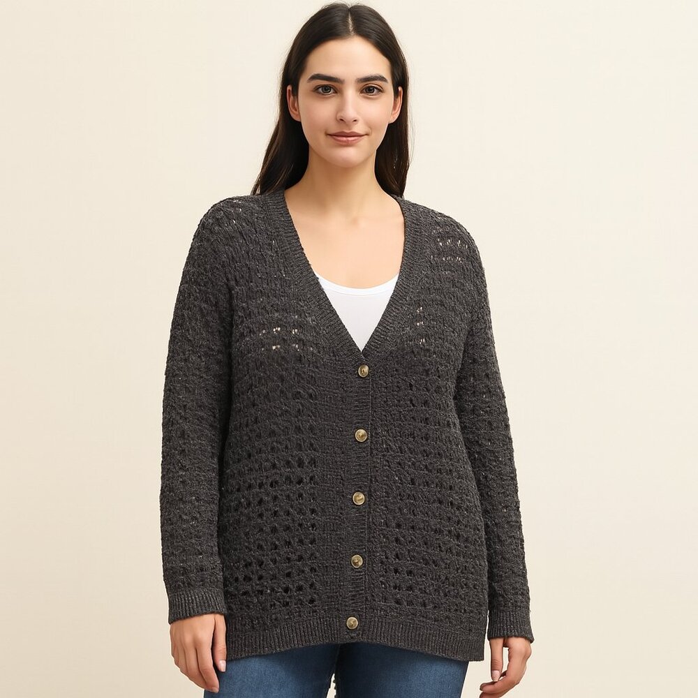 DKNY Crocheted Button-Up Cardigan Charcoal Knit Cozy Layering Essential-Size M